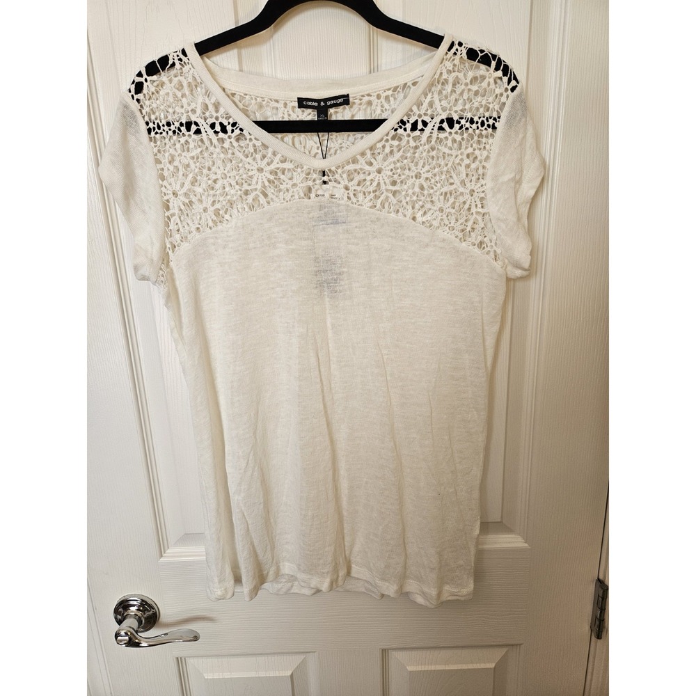 NWT Cable & Gauge Ivory Linen Blend Lace Top w/Cap Sleeves Shirt, Size XL